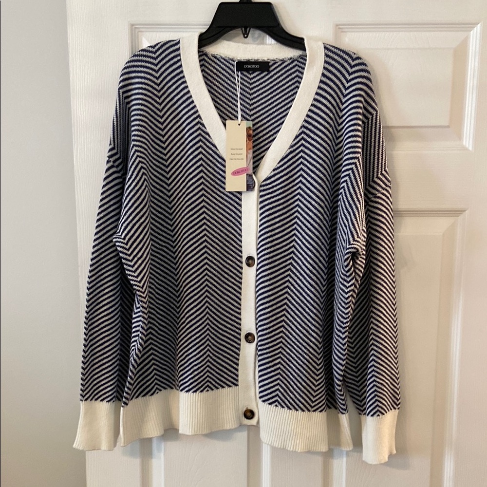 DOKOTOO Navy Blue and White Cardigan Sweater length 27” bust 50” - Picture 1 of 8